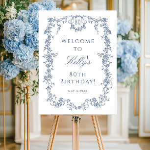 Classic French Blue 80th Birthday Party Welcome  Poster