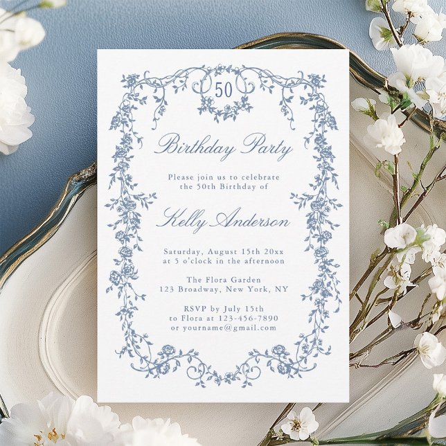 Classic French Blue Floral 50th Birthday Party Invitation (Creator Uploaded)