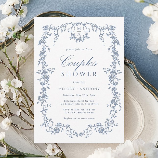 Classic French Blue Floral Couples Shower Invitation (Creator Uploaded)