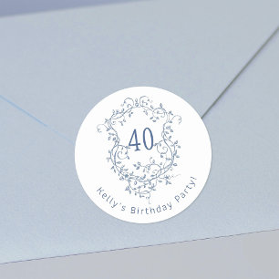 Classic French Blue Floral Crest 40th Birthday  Classic Round Sticker