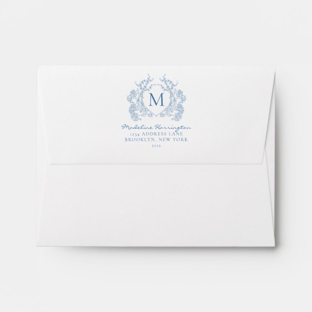 Classic French Blue Floral Crest Monogram Address Envelope (Back (Top Flap))