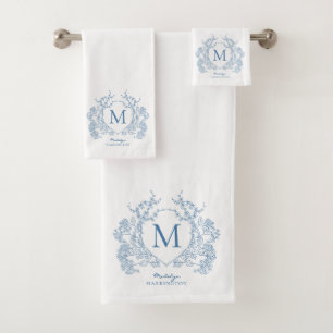 Classic French Blue Floral Crest Monogram Bath Towel Set