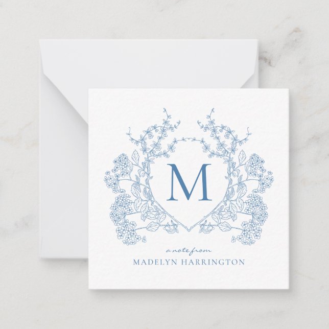 Classic French Blue Floral Crest Monogram Card (Front)