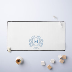 Classic French Blue Floral Crest Monogram Desk Mat