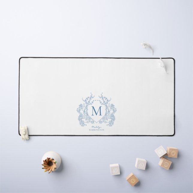 Classic French Blue Floral Crest Monogram Desk Mat (Kids Table)