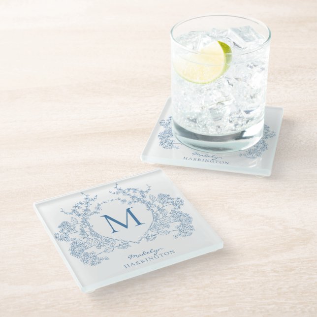 Classic French Blue Floral Crest Monogram Glass Coaster (Angled)