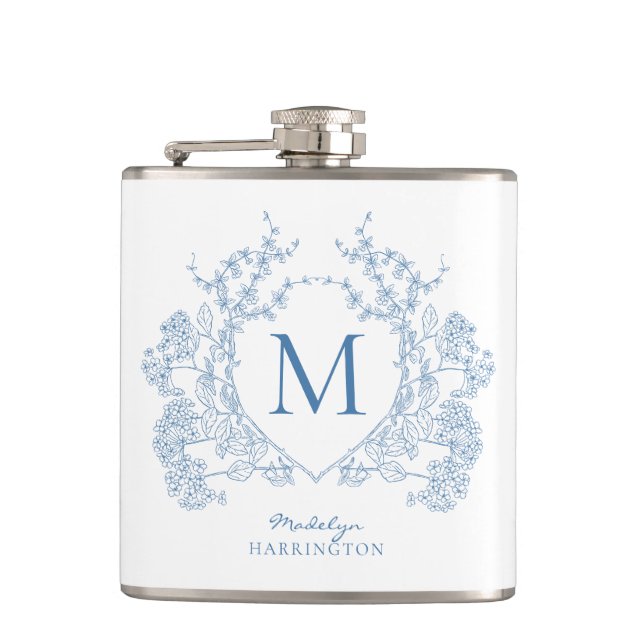 Classic French Blue Floral Crest Monogram Hip Flask (Front)
