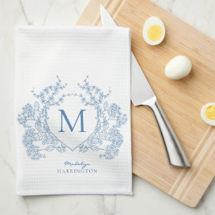 Classic French Blue Floral Crest Monogram Tea Towel