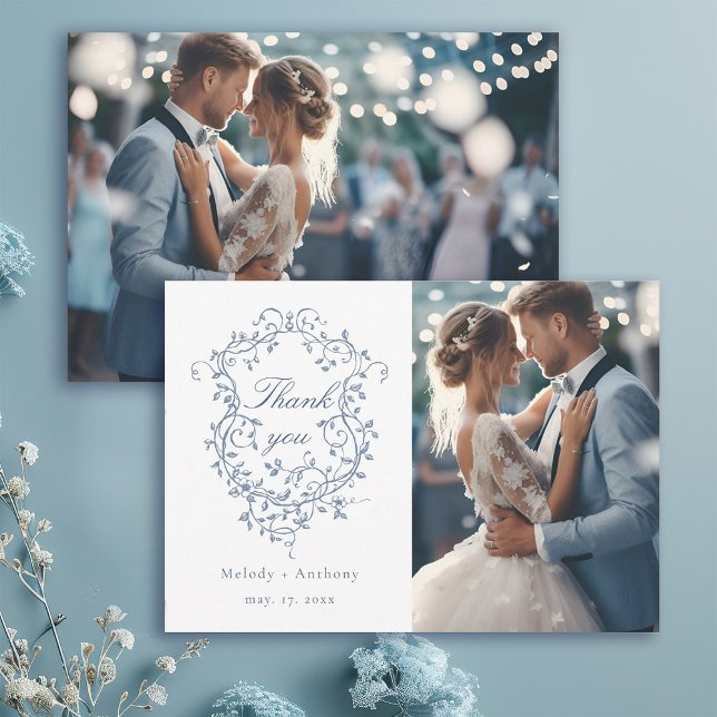 Classic French Blue Floral Crest Wedding 2 Photo Thank You Card (Front & Back)