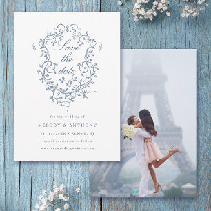 Classic French Blue Floral Crest Wedding Photo Save The Date