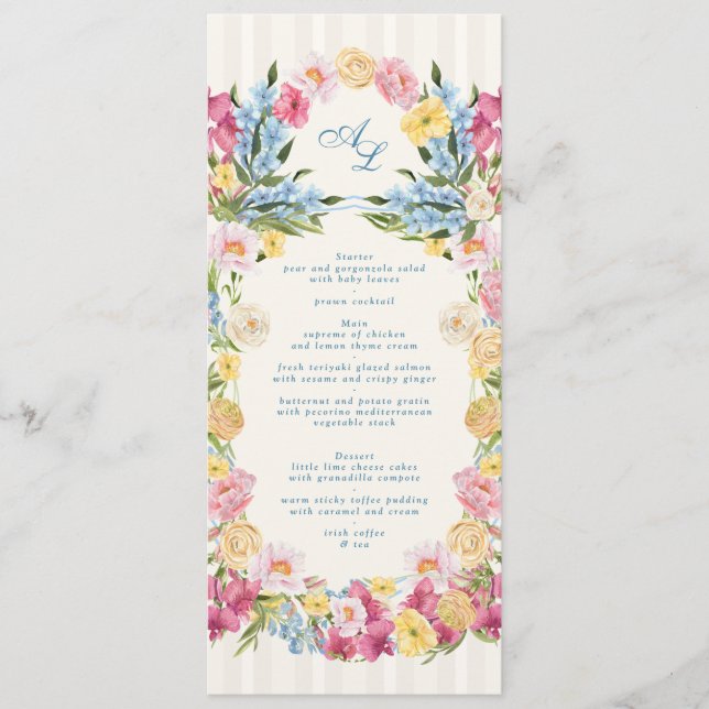 Classic French Blue Floral Monogram Wedding Menu (Front)