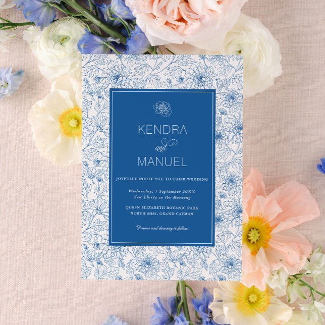Classic French Blue Floral Toile Wedding Invitation (Creator Uploaded)