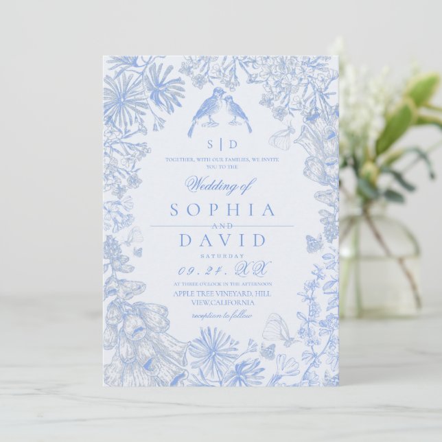  Classic French Blue Floral Wedding  Invitation (Standing Front)