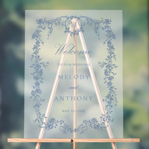 Classic French Blue Floral Wedding Welcome  Acrylic Sign