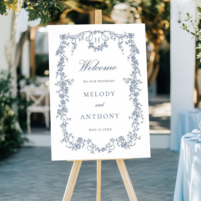 Classic French Blue Floral Wedding Welcome Poster (Creator Uploaded)