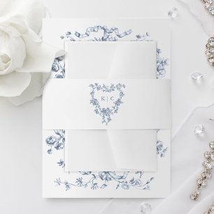 Classic French Blue Flowers Monogram Crest Invitation Belly Band