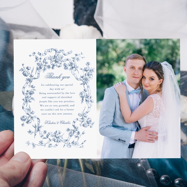 Classic French Blue Flowers & Ribbons Photo Thank You Card (Creator Uploaded)