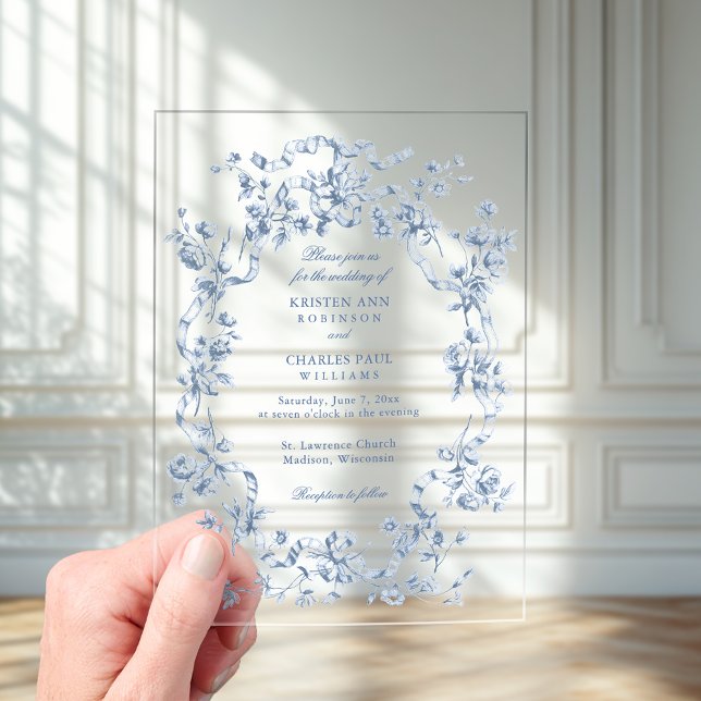 Classic French Blue Flowers & Ribbons Wedding Acrylic Invitations (Creator Uploaded)