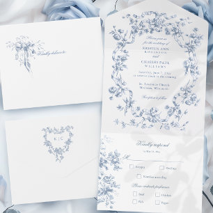 Classic French Blue Flowers & Ribbons Wedding All In One Invitation