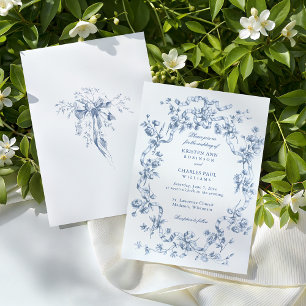 Classic French Blue Flowers & Ribbons Wedding Invitation