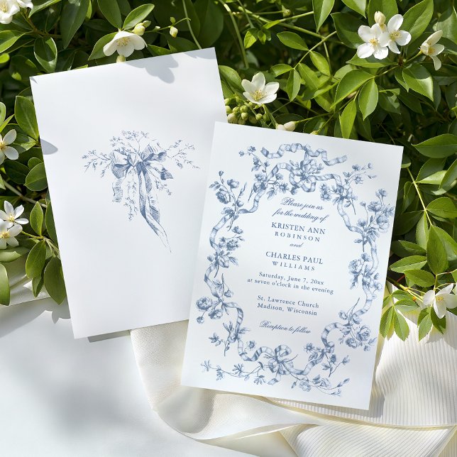 Classic French Blue Flowers & Ribbons Wedding Invitation (Creator Uploaded)