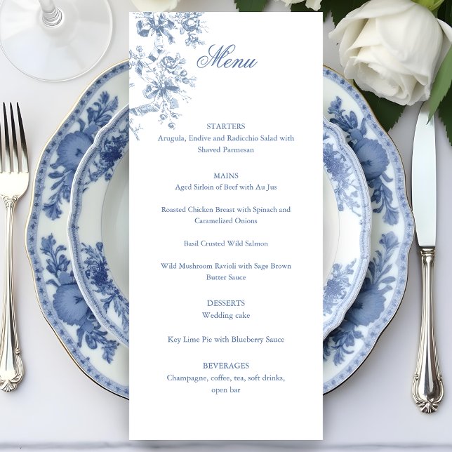 Classic French Blue Flowers & Ribbons Wedding Menu (Creator Uploaded)