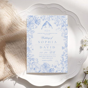 Classic French Blue White Floral Wedding Invitation