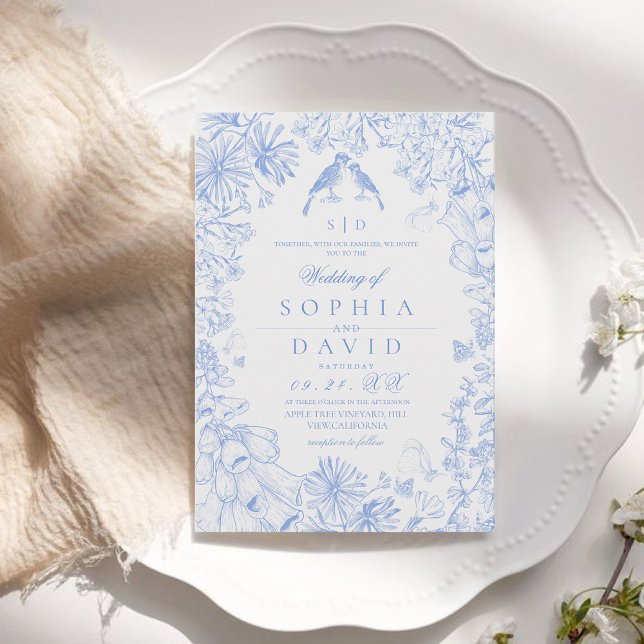  Classic French Blue White Floral Wedding  Invitation (Creator Uploaded)