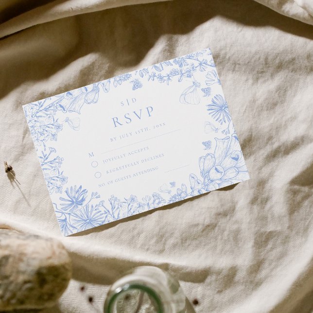 Classic French Blue White Floral Wedding RSVP Card (Creator Uploaded)