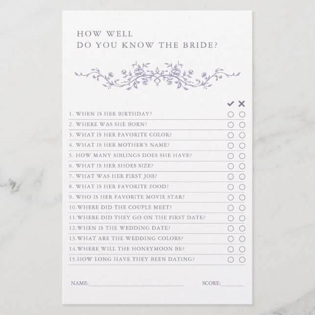 Classic French Lavender Bridal Shower Game  (Front)