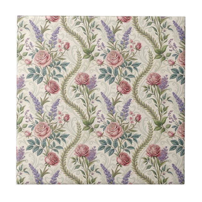 Classic French Rose & Lavender Floral Pattern Art Tile (Front)