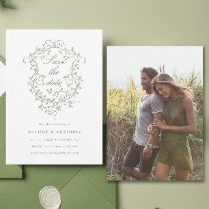 Classic French Sage Green Floral Crest Photo Save The Date