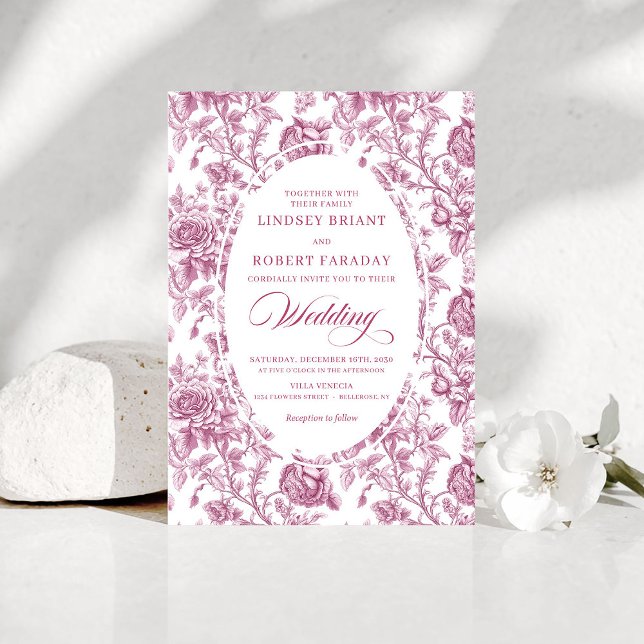 Classic French Toile Roses Pink Wedding Invitation (Classic French Toile Roses Pink Wedding Invitation)