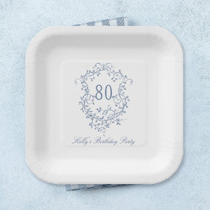 Classic French Victorian Blue 80th Birthday Party Paper Plate
