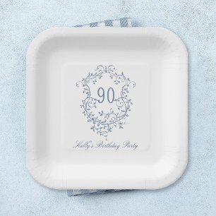 Classic French Victorian Blue 90th Birthday Party Paper Plate