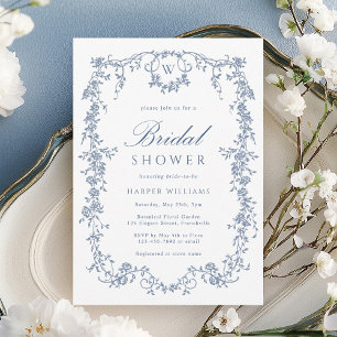 Classic French Victorian Blue Floral Bridal Shower Invitation