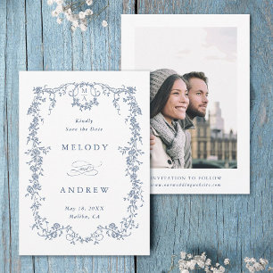Classic French Victorian Blue Floral Wedding Photo Save The Date