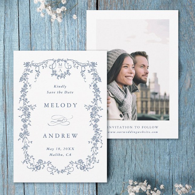 Classic French Victorian Blue Floral Wedding Photo Save The Date (Front & Back)