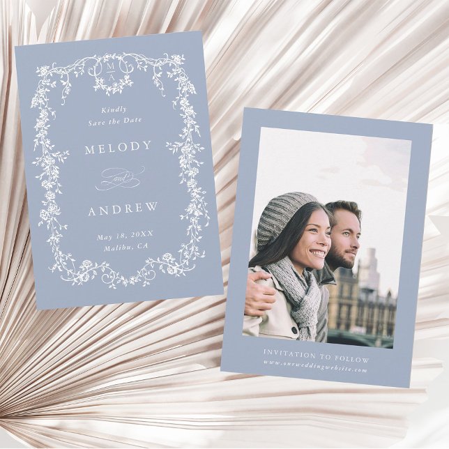 Classic French Victorian Dusty Blue Floral Wedding Save The Date (Front & Back)