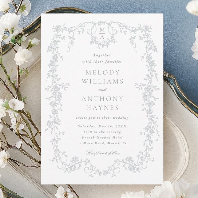 Classic French Victorian Grey Floral Wedding Invitation (Creator Uploaded)