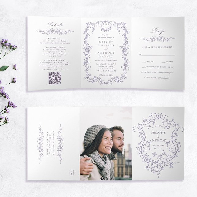 Classic French Victorian Lavender Floral Wedding Tri-Fold Invitation (Inside & Outside)