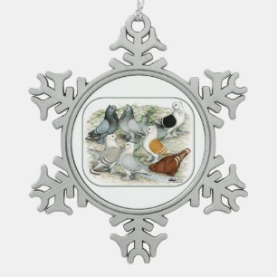 Classic Frill Barred Pigeons Snowflake Pewter Christmas Ornament