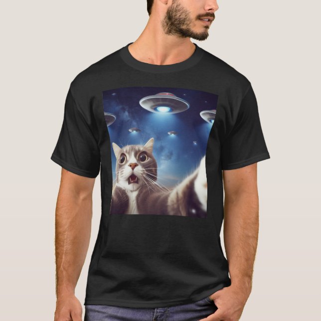 Classic Funny Alien Cat UFO T-Shirt (Front)