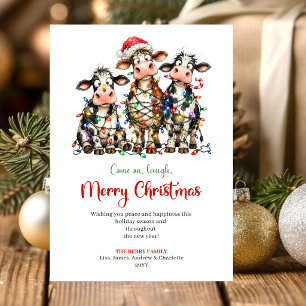Classic Funny Cows Watercolor Christmas Greeting C Holiday Card