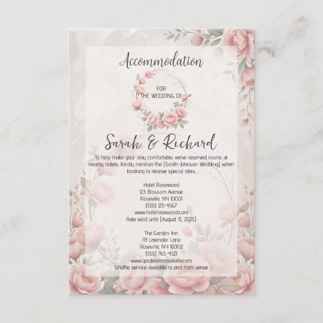 Classic Garden Blush Wedding Accommodation Enclosure Card (Front)