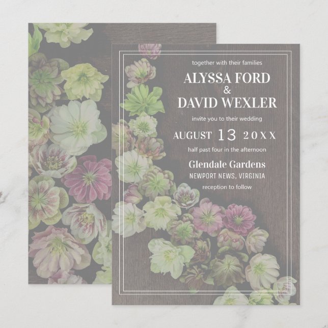 CLASSIC Garden Hellebore Wood Wedding Invitation (Front/Back)