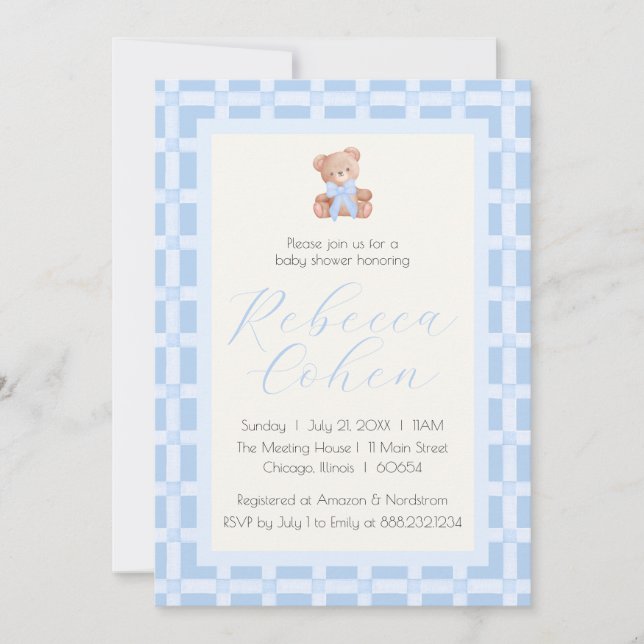 Classic Gingham Bear Baby Shower Invitation (Front)