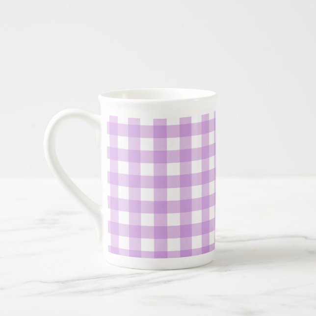 Classic Gingham Check Plaid Pattern Lilac  Bone China Mug (Left)