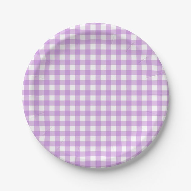 Classic Gingham Check Plaid Pattern Pastel Purple Paper Plate (Front)
