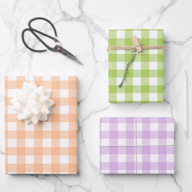 Classic Gingham Check Plaid Pattern Peach  Wrapping Paper Sheet (Front)